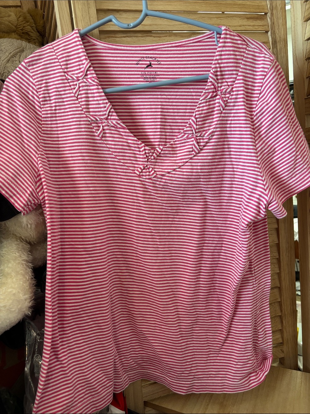White Stag Pink and White Striped V-Neck Tee Large